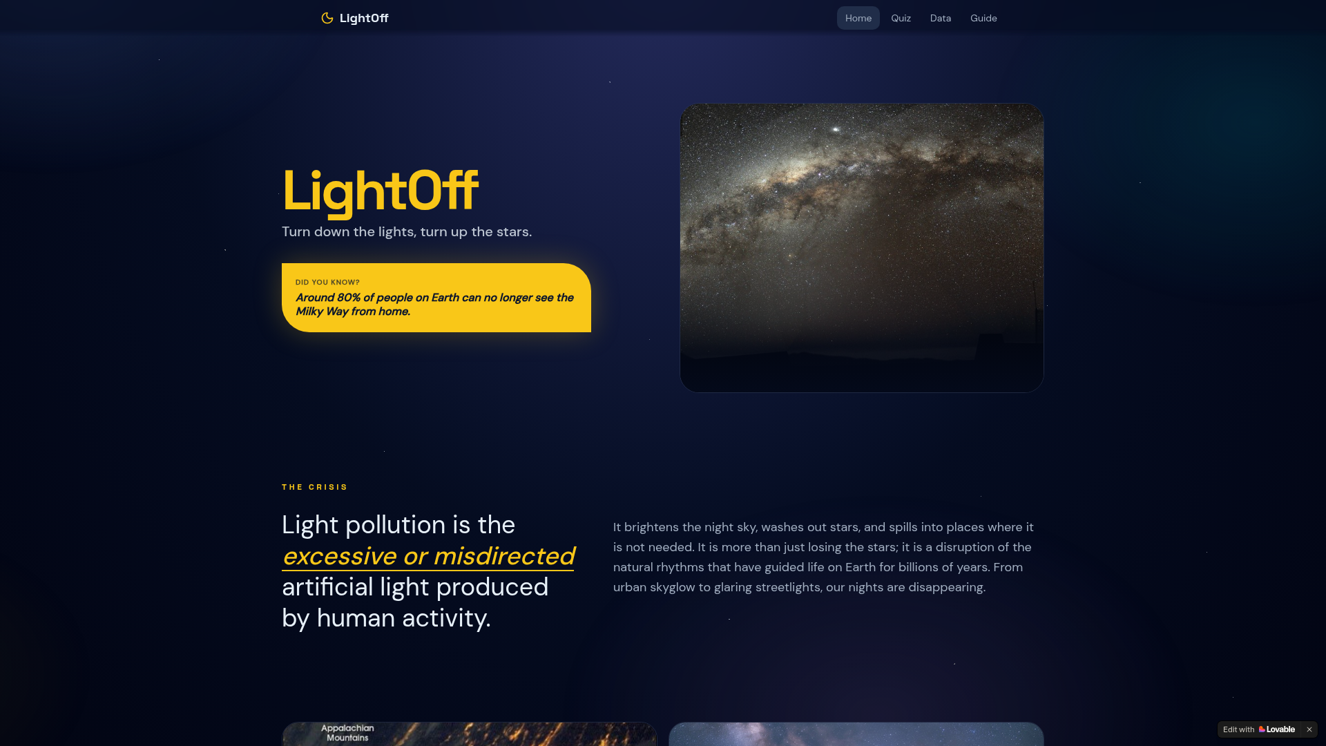 LightOff homepage showing its yellow title, light-pollution fact, and Milky Way photograph